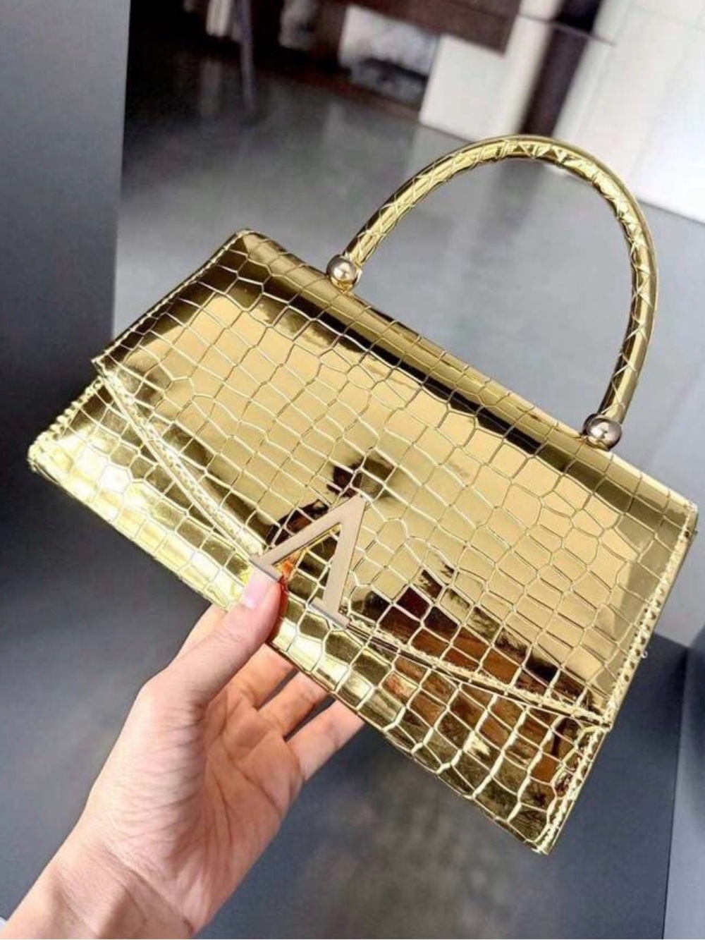 Gold Croc-Embossed Top Handle Bag